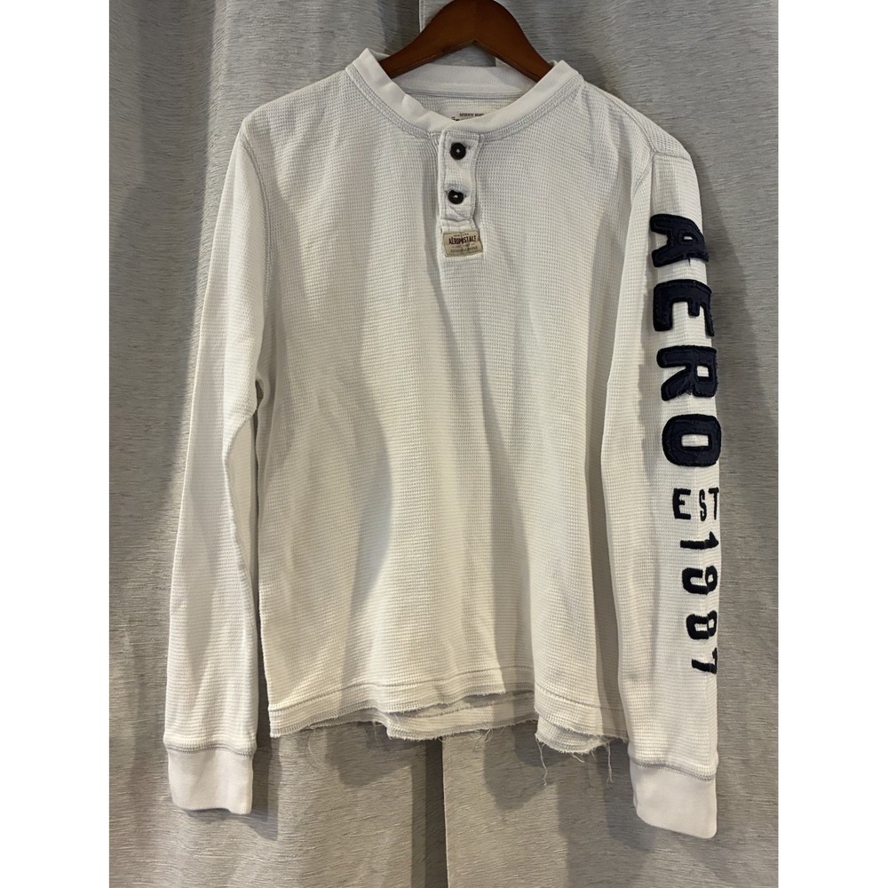 Aeropostale Mens White Waffle Knit Henley Shirt Embroidered Y2K Preppy M T-325